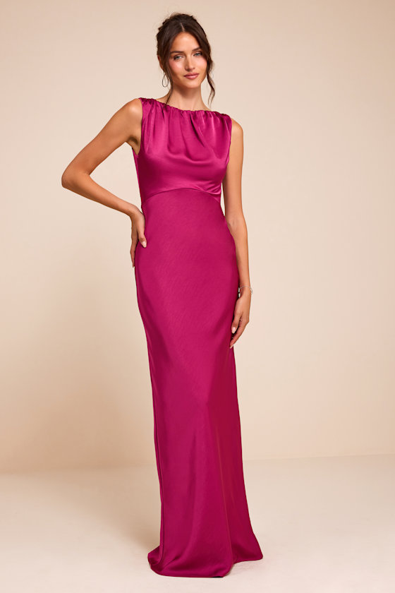 Image of Perla Magenta Satin Boat Neck Maxi Dress