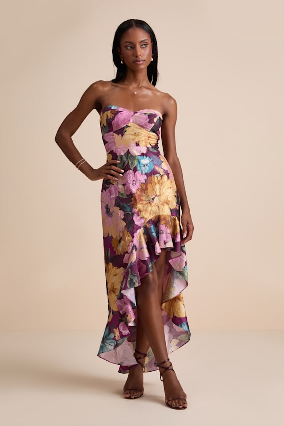 Image of Blushing Darling Plum Multi Floral Strapless High Low Maxi Dress