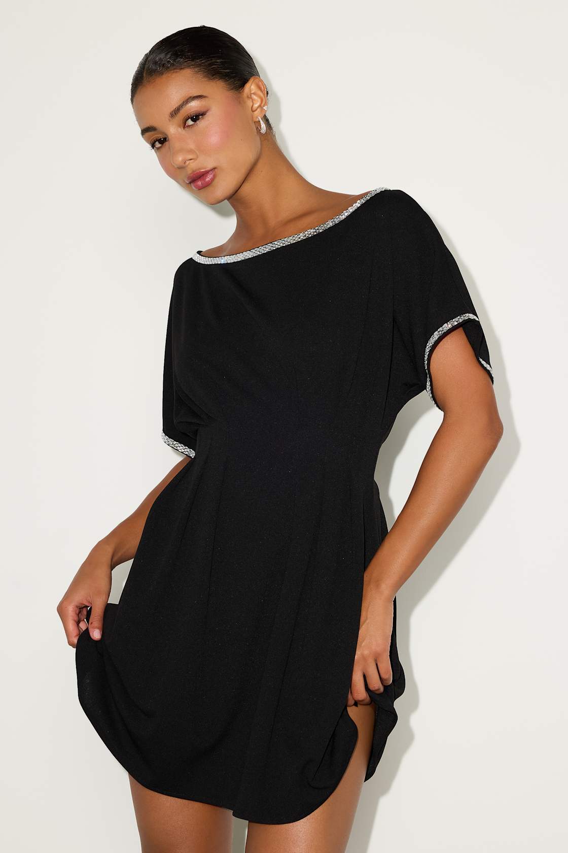 Image of Dessen Black Rhinestone Trim Short Sleeve Mini Dress