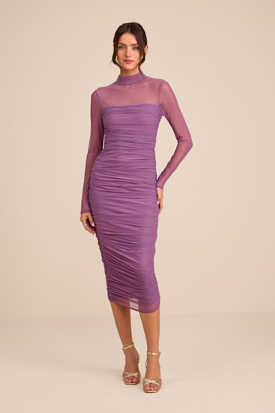 Image of Impressive Flirt Dusty Purple Mesh Ruched Mock Neck Midi Dress