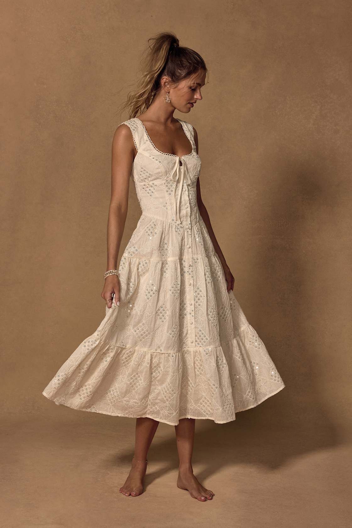 Image of Antionette Cream Embroidered Sequin Button Front Midi Dress