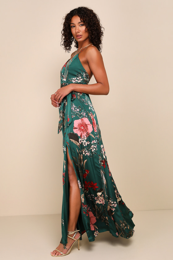 Image of Still The One Emerald Green Floral Print Satin Maxi Dress