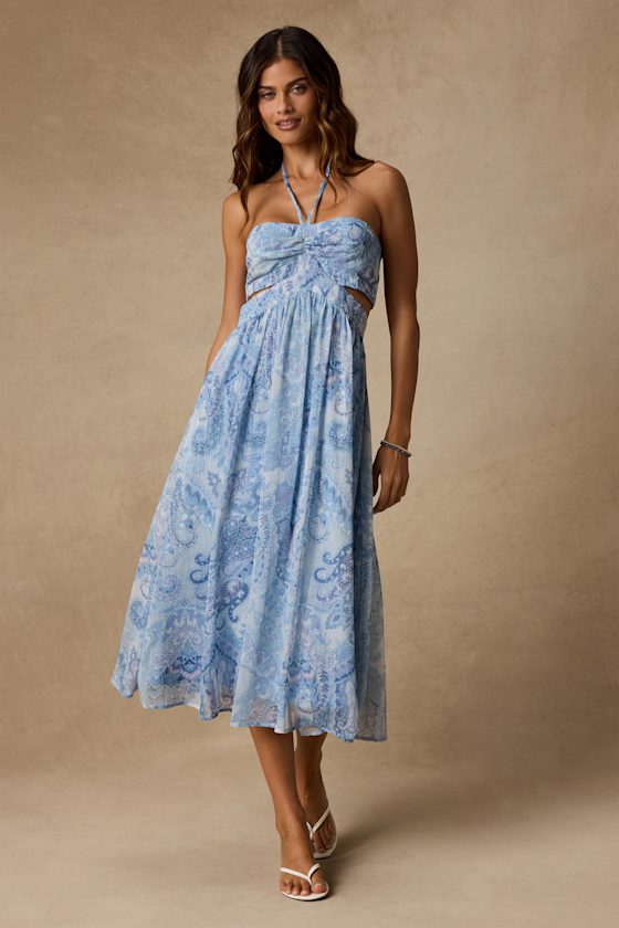 Image of Dimitra Light Blue Paisley Print Halter Midi Dress