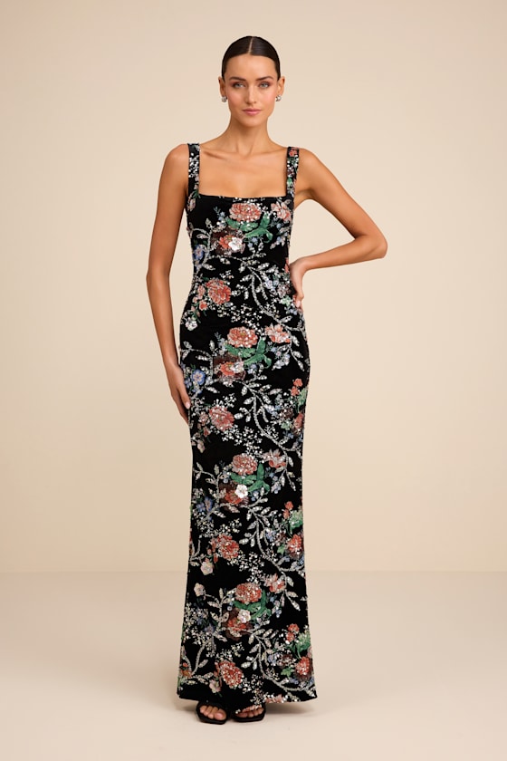 Image of Camesha Black Multi Floral Velvet Sequin Maxi Dress