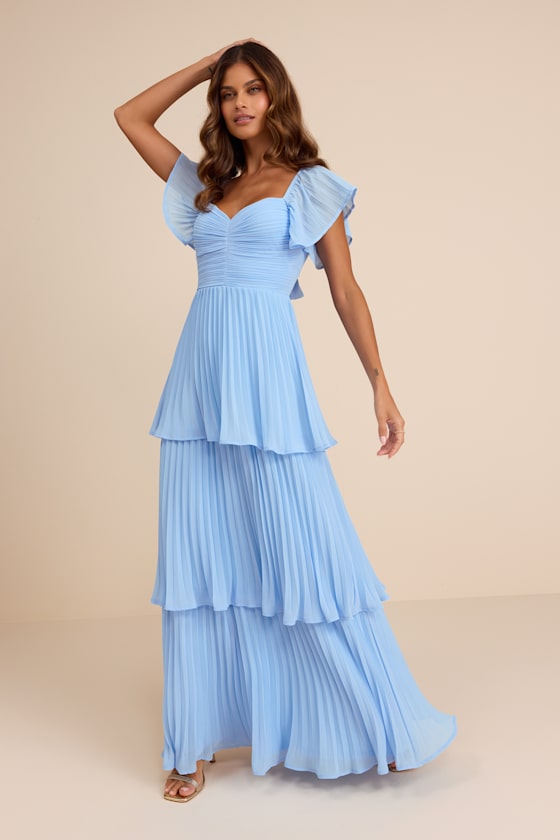 Image of Notorious Charm Light Blue Pleated Flutter Sleeve Maxi Dress