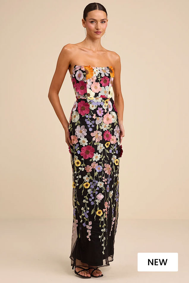 Image of Macario Black Multi 3D Floral Embroidered Strapless Maxi Dress​