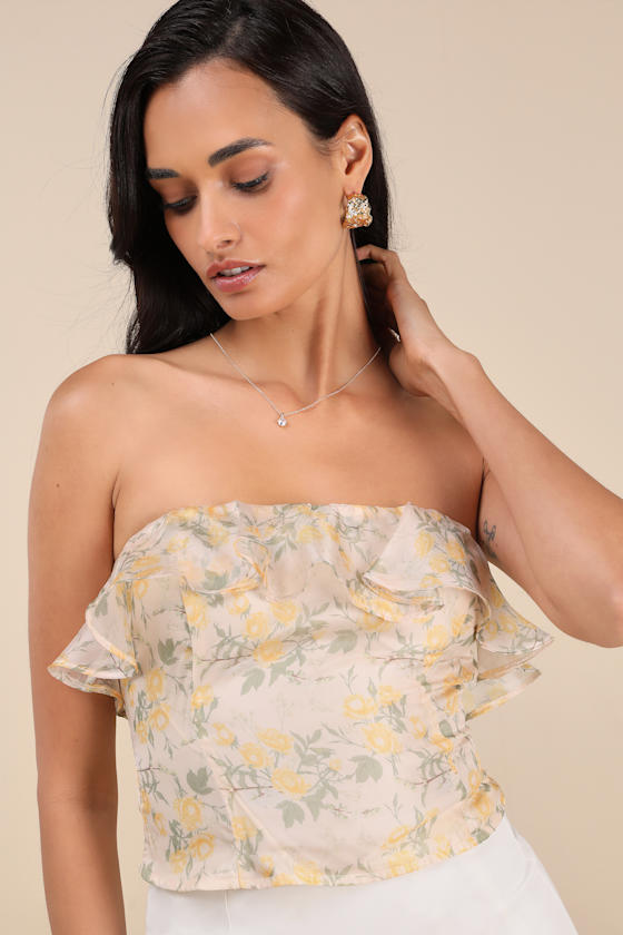 Image of Natela Cream Floral Strapless Ruffled Top