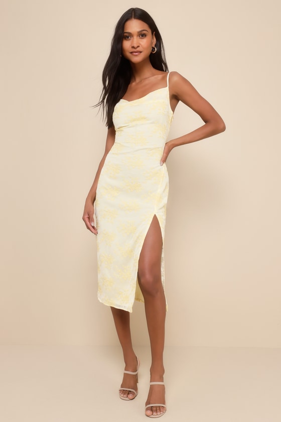 Image of Lovely Existence Light Yellow Embroidered Cowl Neck Midi Dress