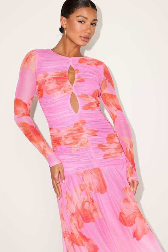 Image of Alexius Pink Floral Mesh Cutout Long Sleeve Maxi Dress