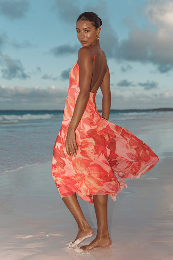 Image of Atori Red Multi Floral Print Mesh Sleeveless Midi Dress