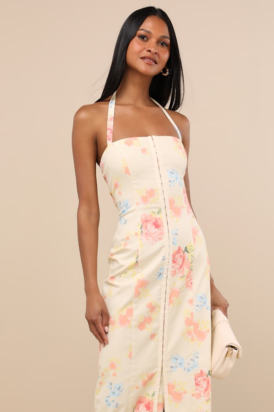 Image of Arrosa Light Yellow Floral Halter Midi Dress