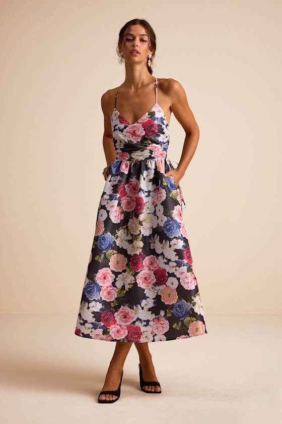 Image of Soreia Black Multi Floral Taffeta Floral Lace-Up Midi Dress