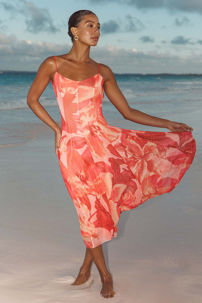 Image of Atori Red Multi Floral Print Mesh Sleeveless Midi Dress