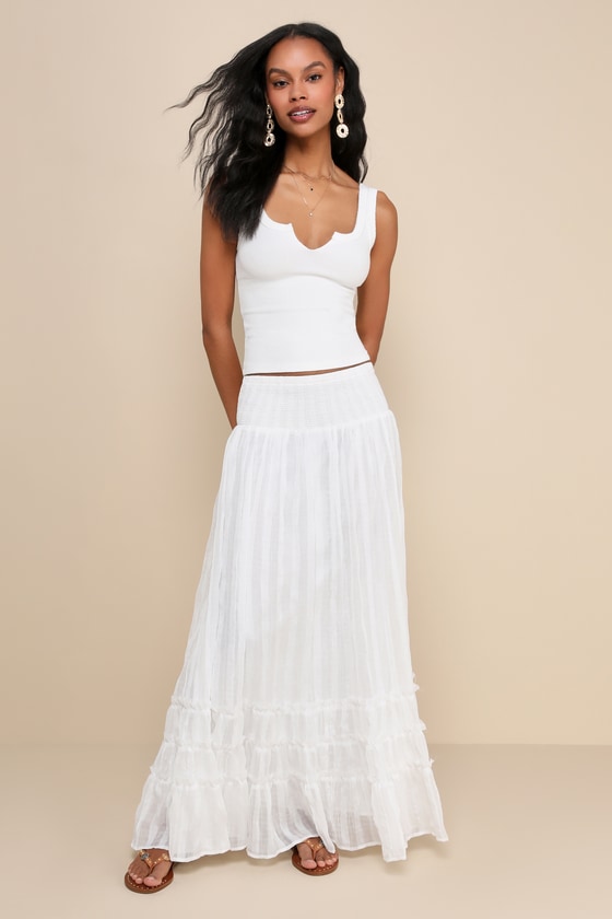 Image of Sunny Baby White Smocked Tiered High-Waisted Midi Skirt
