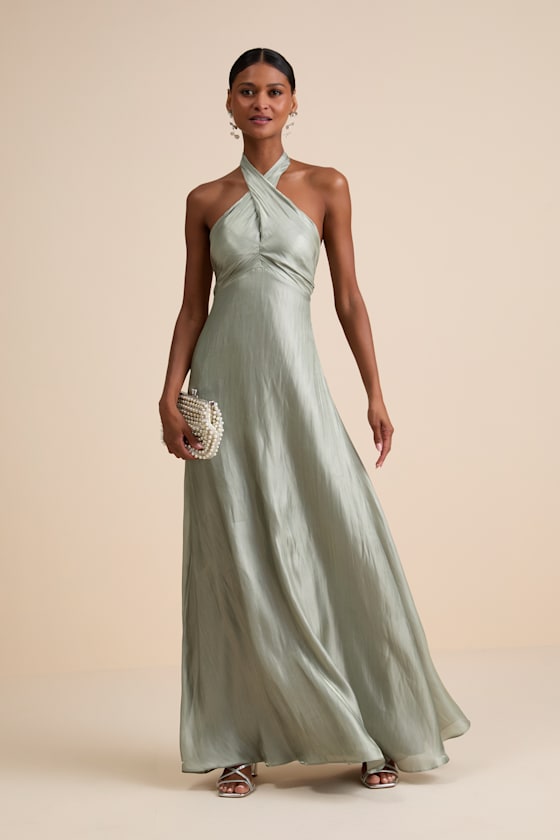 Image of Canley Sage Satin Cross Front Halter Maxi Dress