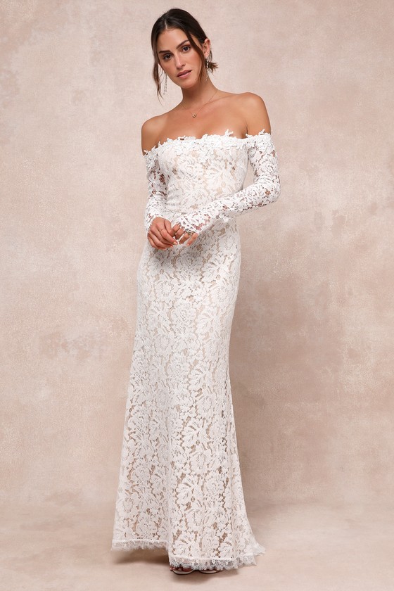 Image of Romance Dreamer White Lace Off The Shoulder Maxi Dress