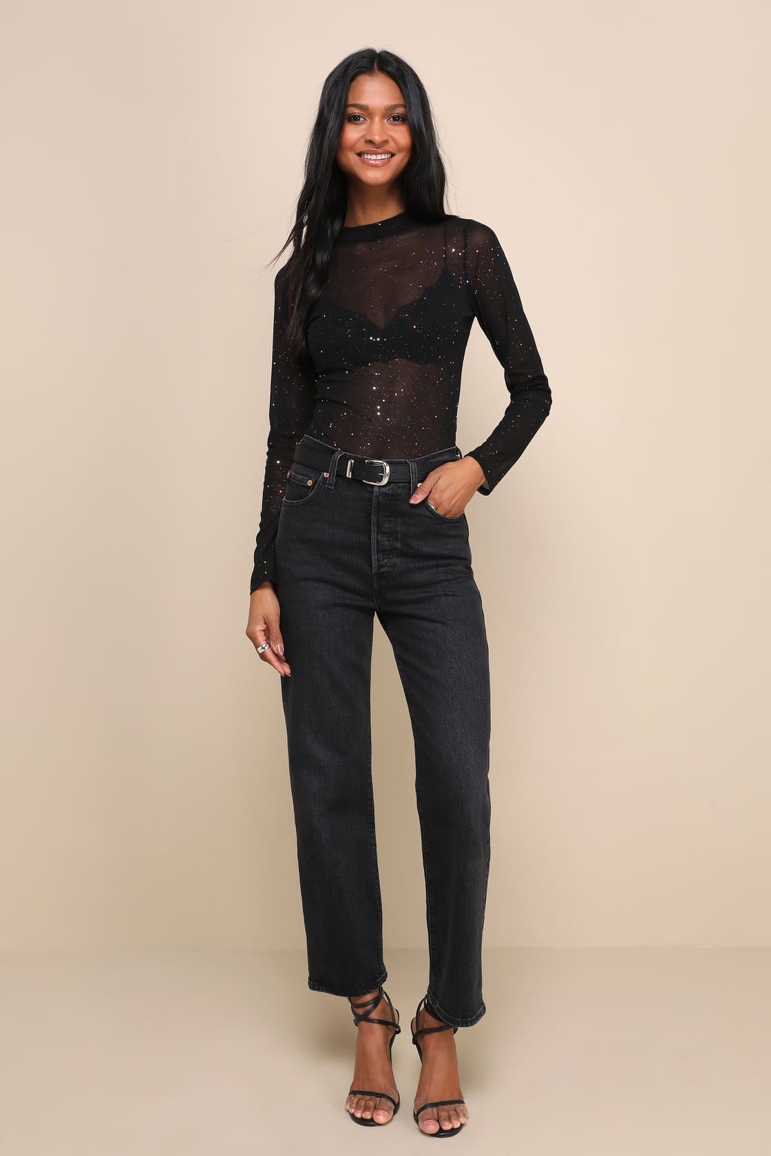 Image of Strike an Attitude Black Mesh Multi Embellished Mesh Bodysuit