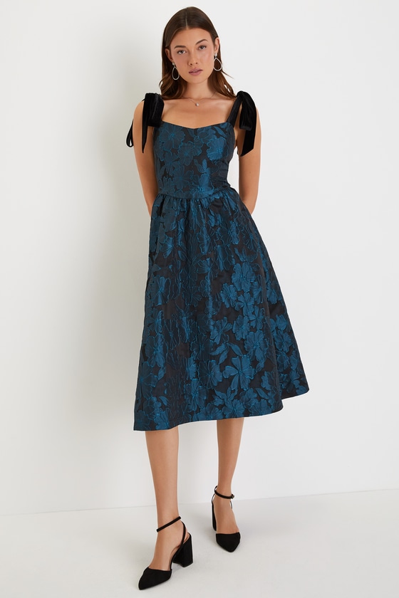 Image of Beyond Graceful Black Floral Jacquard Velvet Tie Strap Midi Dres