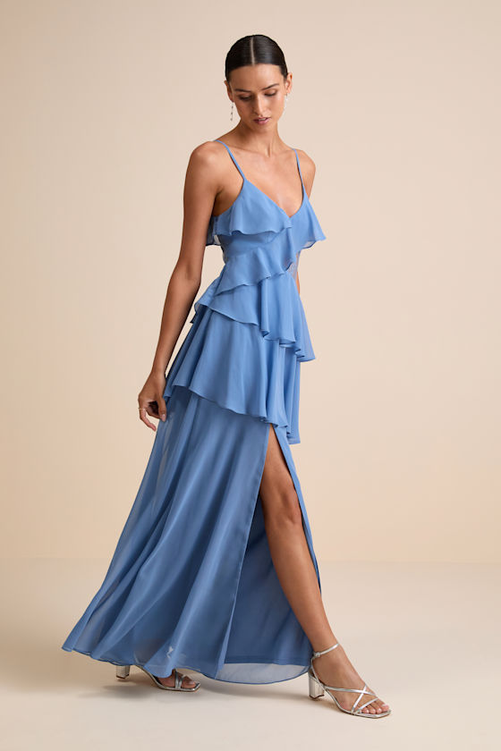 Image of Dalena Dusty Blue Ruffled Lace Maxi Dress