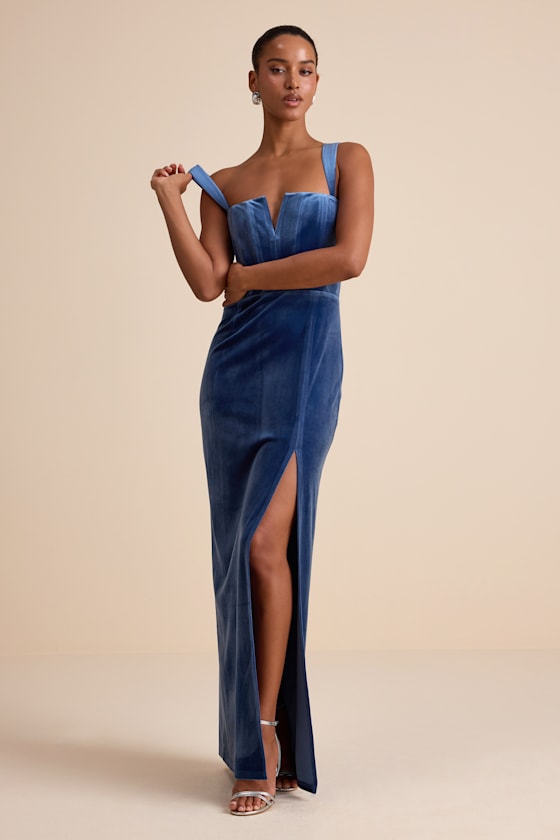 Image of Pristine Luxury Blue Velvet Bustier Maxi Dress