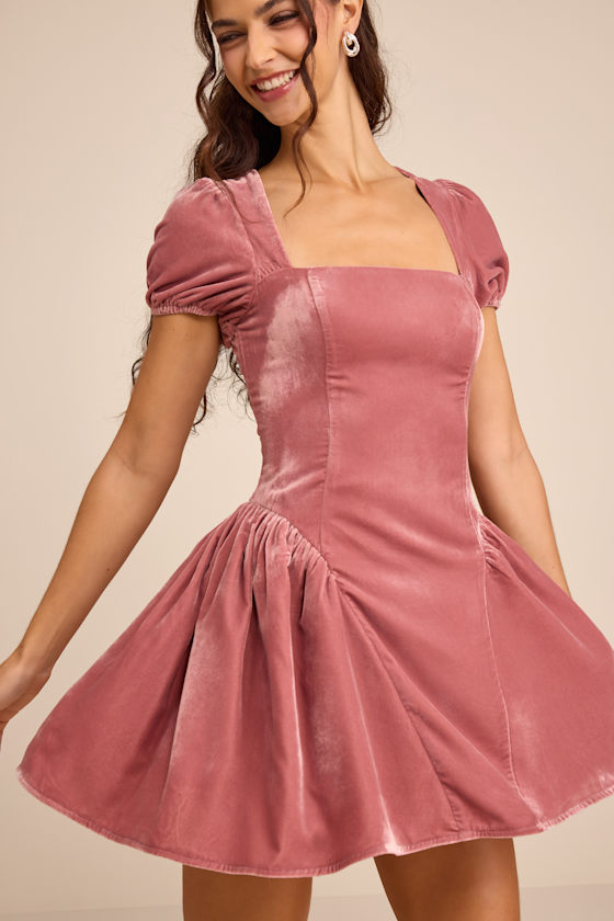Image of Louisa Pink Velvet Puff Sleeve Mini Dress