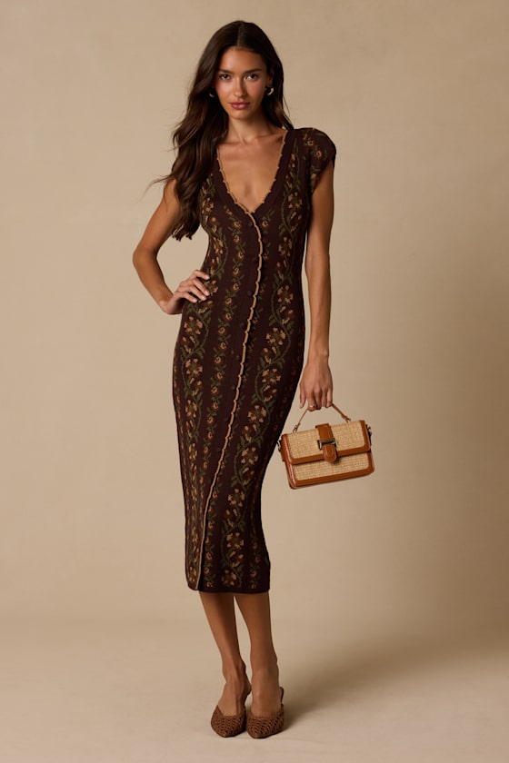 Image of Savanna Brown Floral Button Front Sweater Midi Dress
