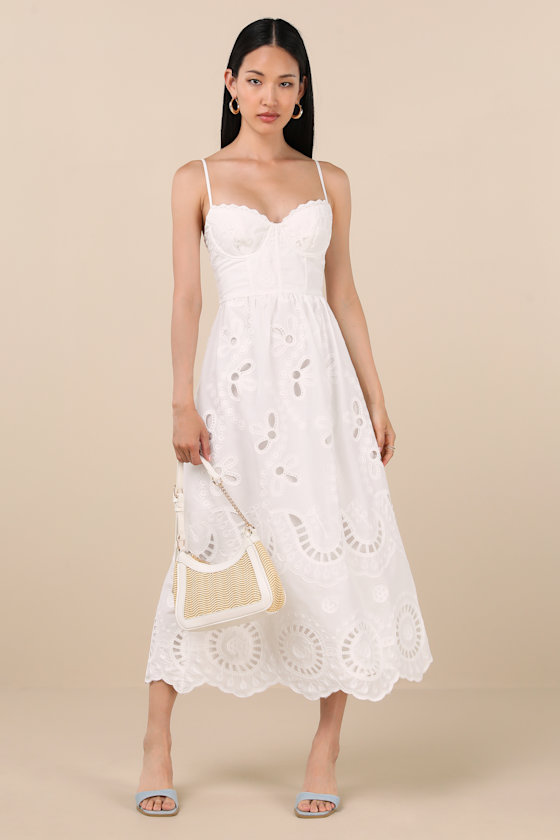 Image of Jenora White Embroidered Bustier Midi Dress