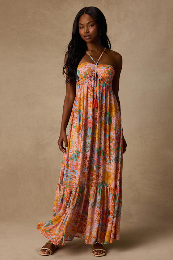 Image of Grace Bay Blush Multi Boho Print Halter Maxi Dress