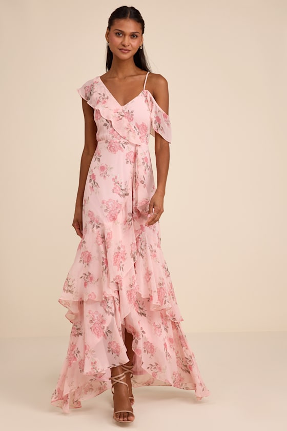 Image of Velma Blush Floral Ruffled Asymmetrical Maxi Dress