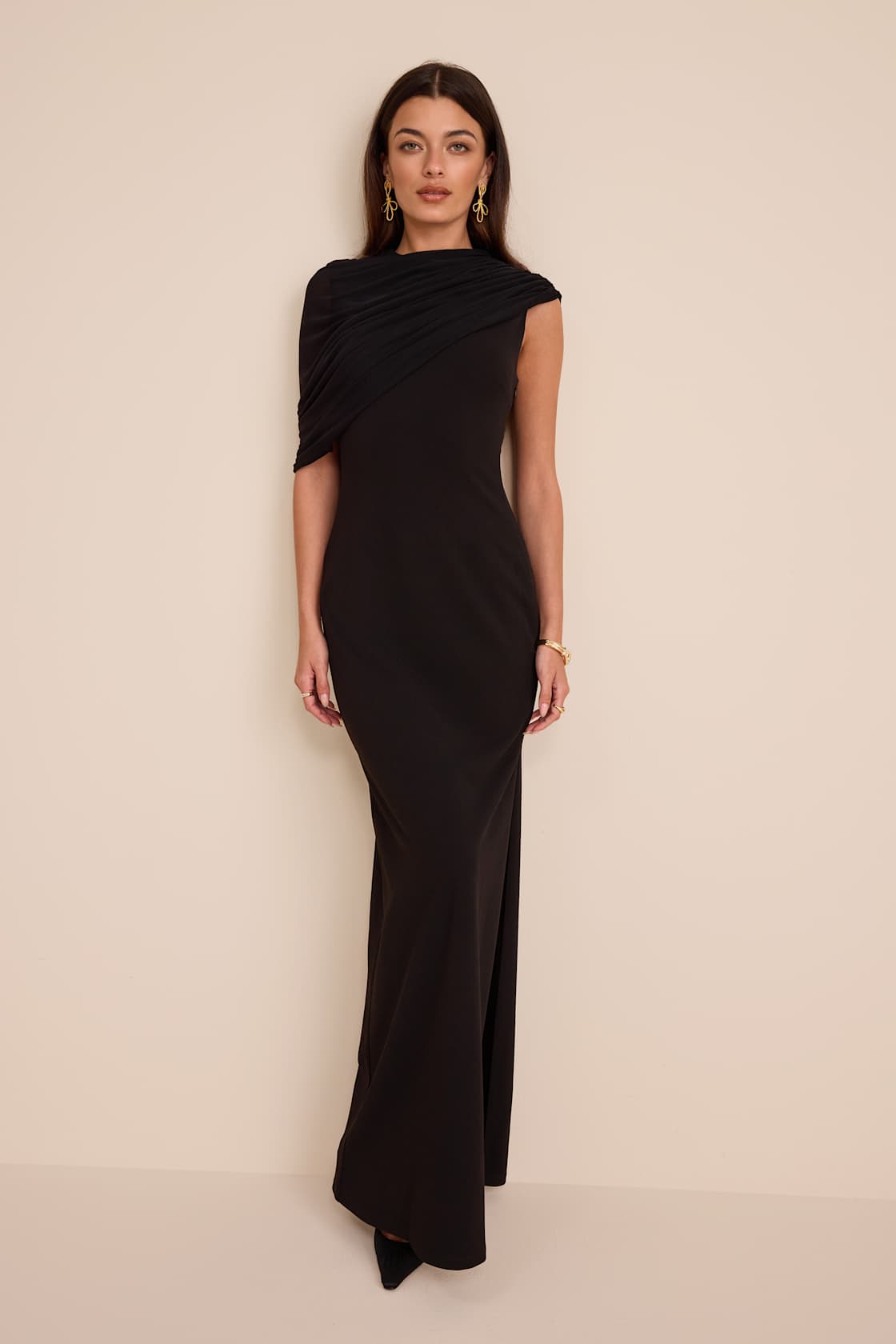 Image of Sutton Black Asymmetrical Column Maxi Dress