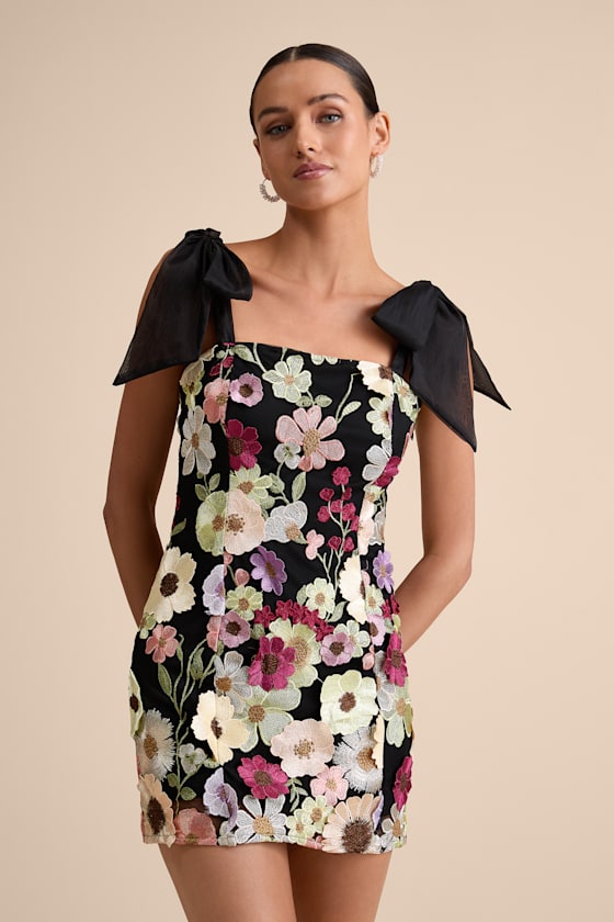 Image of Emphatically Adorable Black Floral Tie Strap Mini Dress