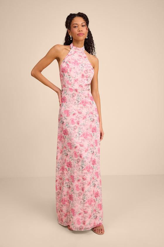 Image of Phebe Pink Floral Halter Maxi Dress