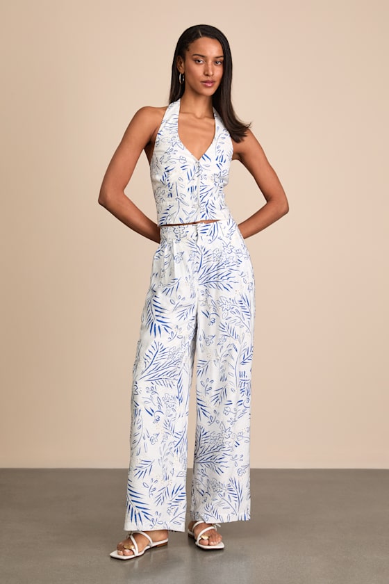 Image of Amarae Ivory and Blue Floral Print Wide-Leg Trouser Pants