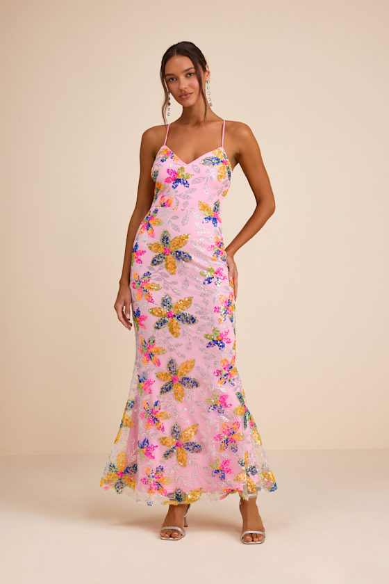 Image of Zaylee Light Pink Sequin Lace Up Mermaid Maxi Dress