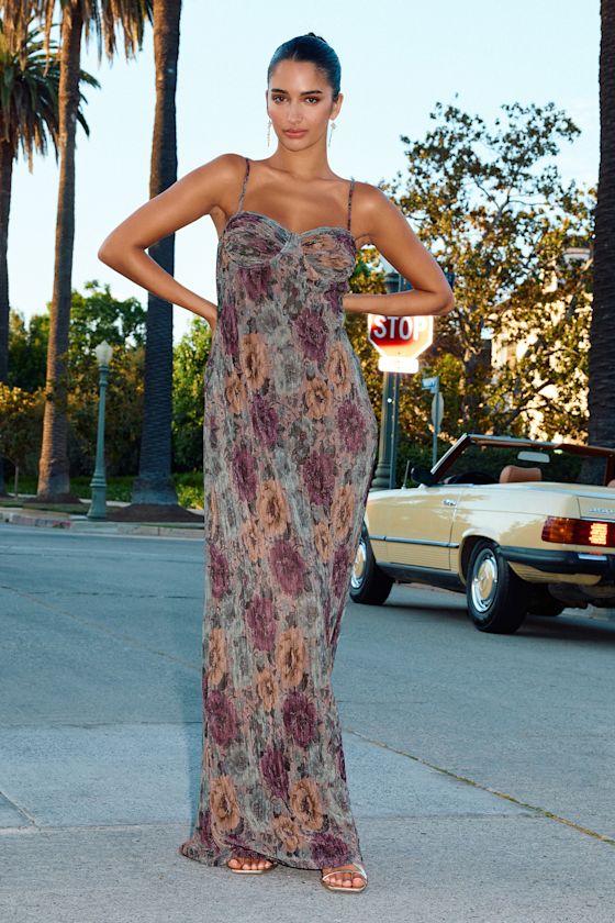 Image of Kendlyn Taupe Multi Floral Plisse Maxi Dress