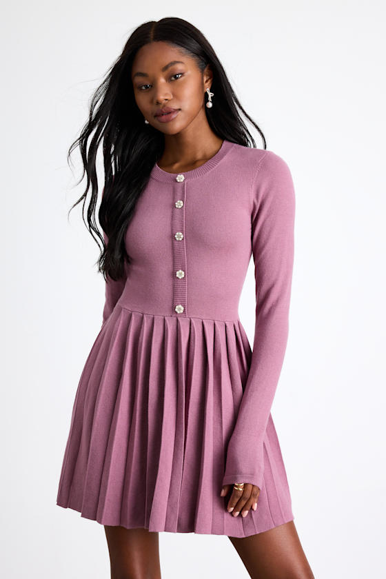 Image of Beyond Sweet Purple Pearl Pleated Mini Sweater Dress