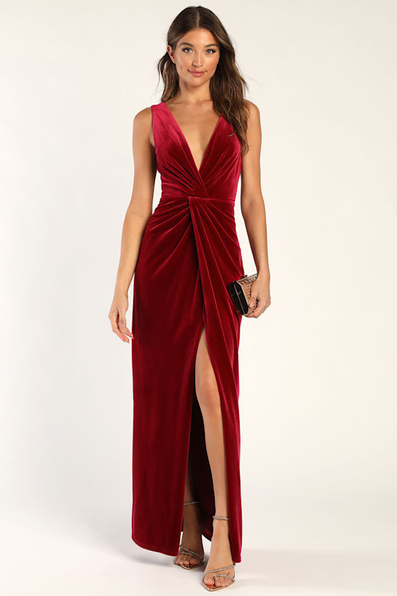 Image of Beautiful Evenings Wine Red Velvet Twist Front Maxi Dress