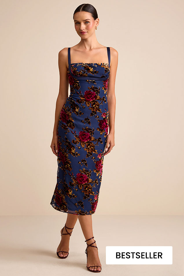Image of Tessa Navy Floral Jacquard Column Midi Dress