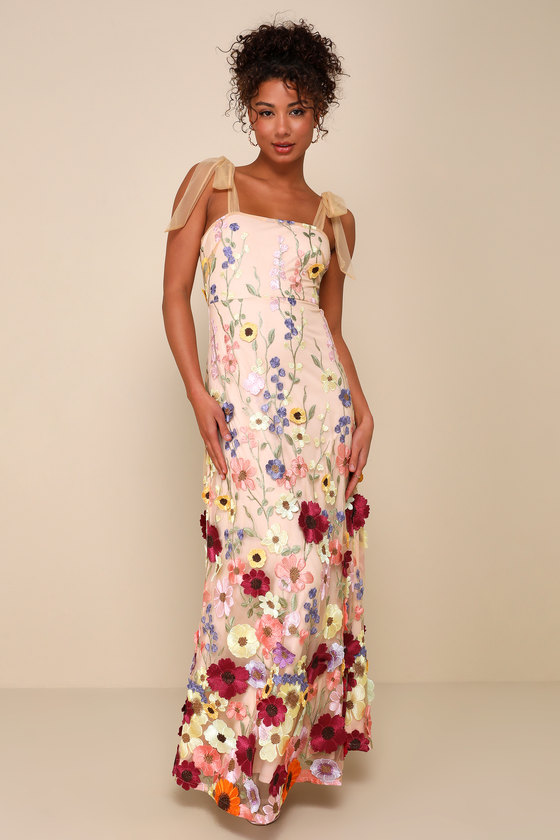 Image of Thriving Poise Blush 3D Floral Embroidered Tie Strap Maxi Dress