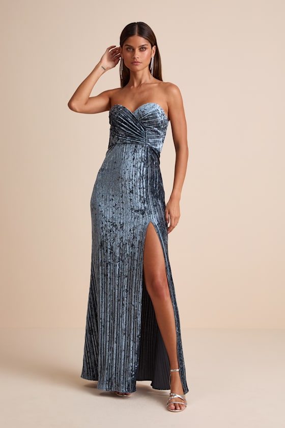 Image of Classy Sensation Slate Velvet Pleated Strapless Maxi Dress
