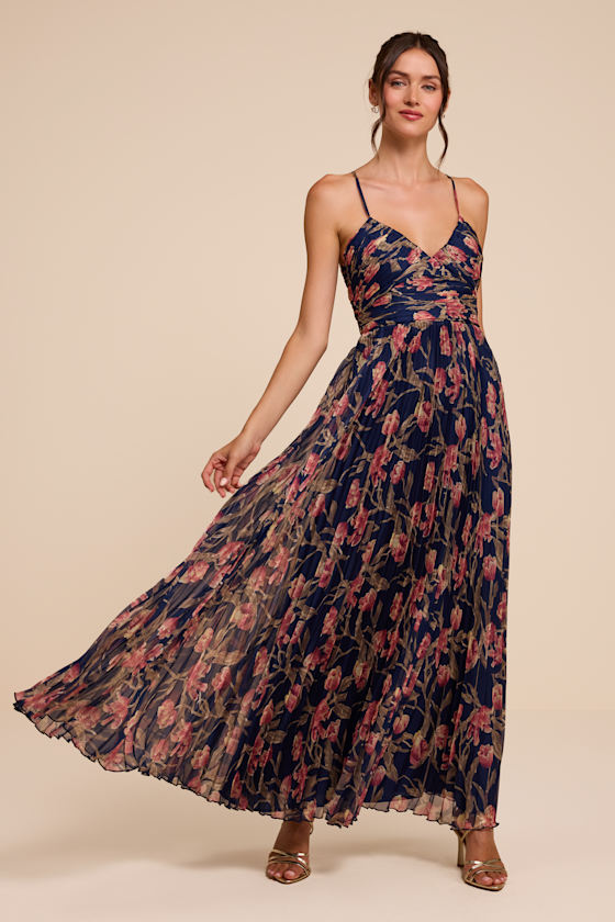 Image of Rebena Navy Multi Floral Pleated Maxi Dress