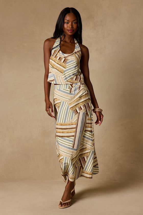 Image of Kimaya Cream Multi Striped Midi Skirt