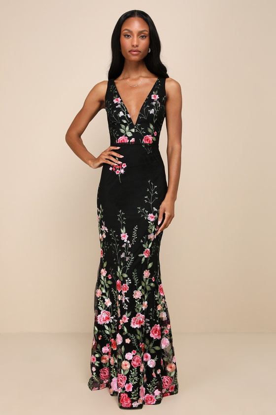 Image of Soiree Blossom Black Floral Embroidered Mermaid Maxi Dress