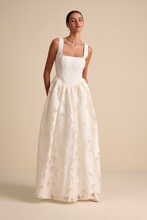 Image of Corsen Ivory Floral Jacquard Corset A Line Maxi Dress