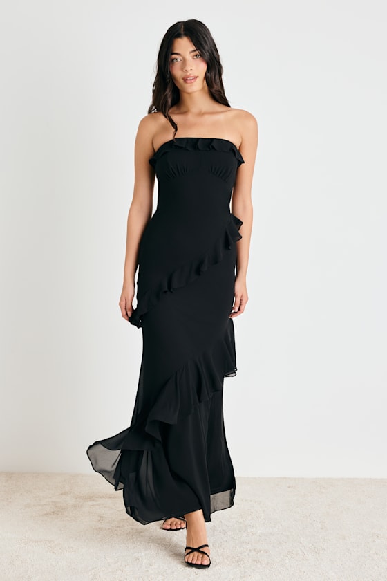 Image of Dramatic Allure Black Ruffled Cutout Strapless Maxi Dress