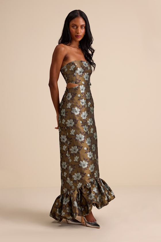 Image of Nathania Olive Floral Jacquard Strapless Bubble Hem Maxi Dress