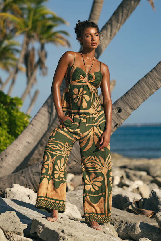 Image of Sabo Olive And Tan Boho Print Wide Leg Pants