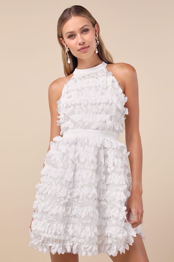 Image of Dearly Adored White Applique Halter Sleeveless Mini Dress