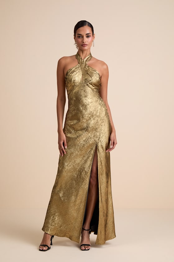 Image of Knoxley Shiny Gold Lurex Cross Front Halter Maxi Dress