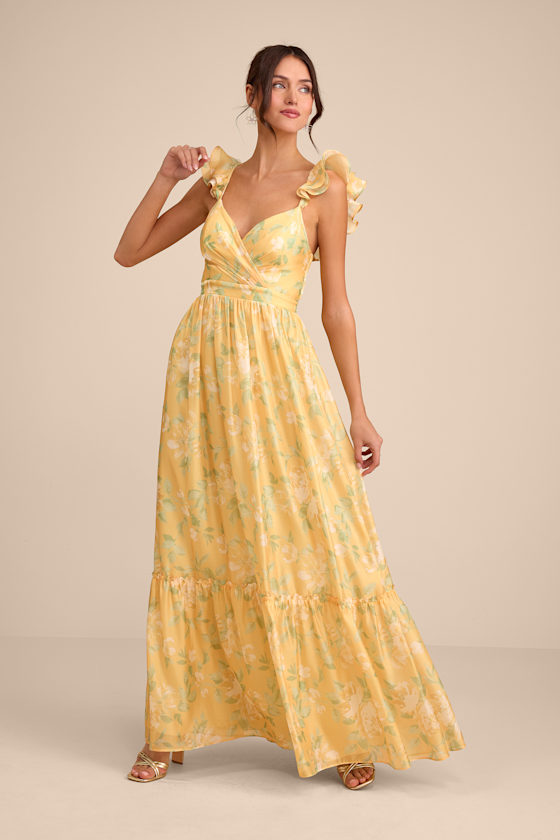Image of Soiree Perfection Yellow Floral Ruffled Tiered Maxi Dress